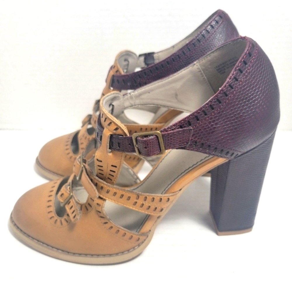 HINGE Purple & Tan Two Tone Leather Maryjanes Heels